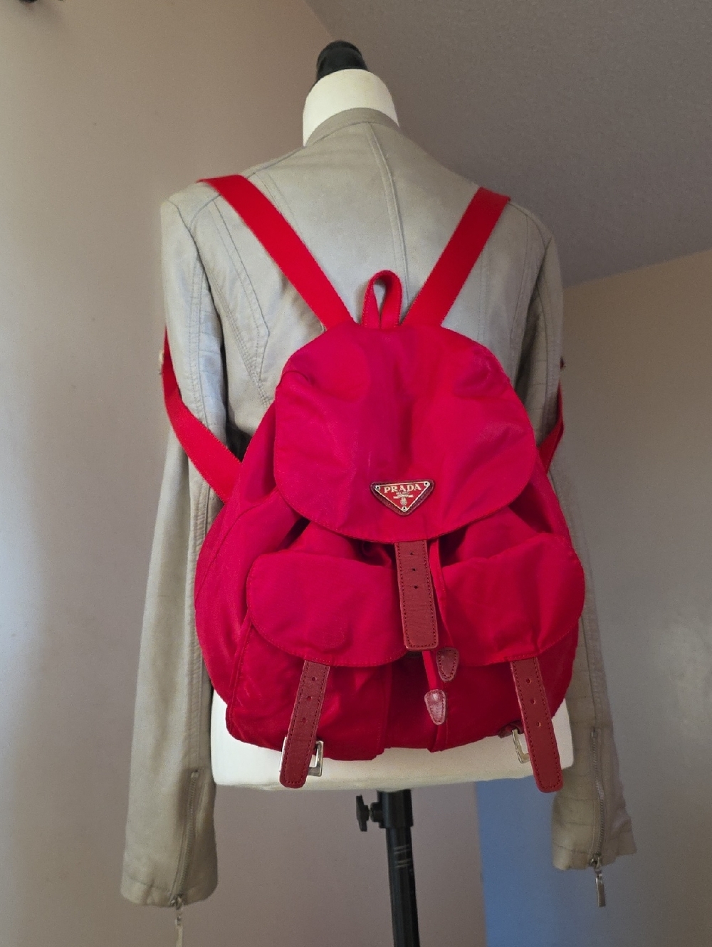 Prada Red Nylon Backpack with Leather Trim